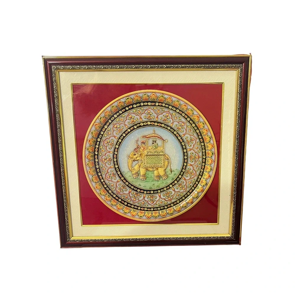 Vintage  Marble Plate Wall Art  17.5in Red Gold Indian Elephant Decor